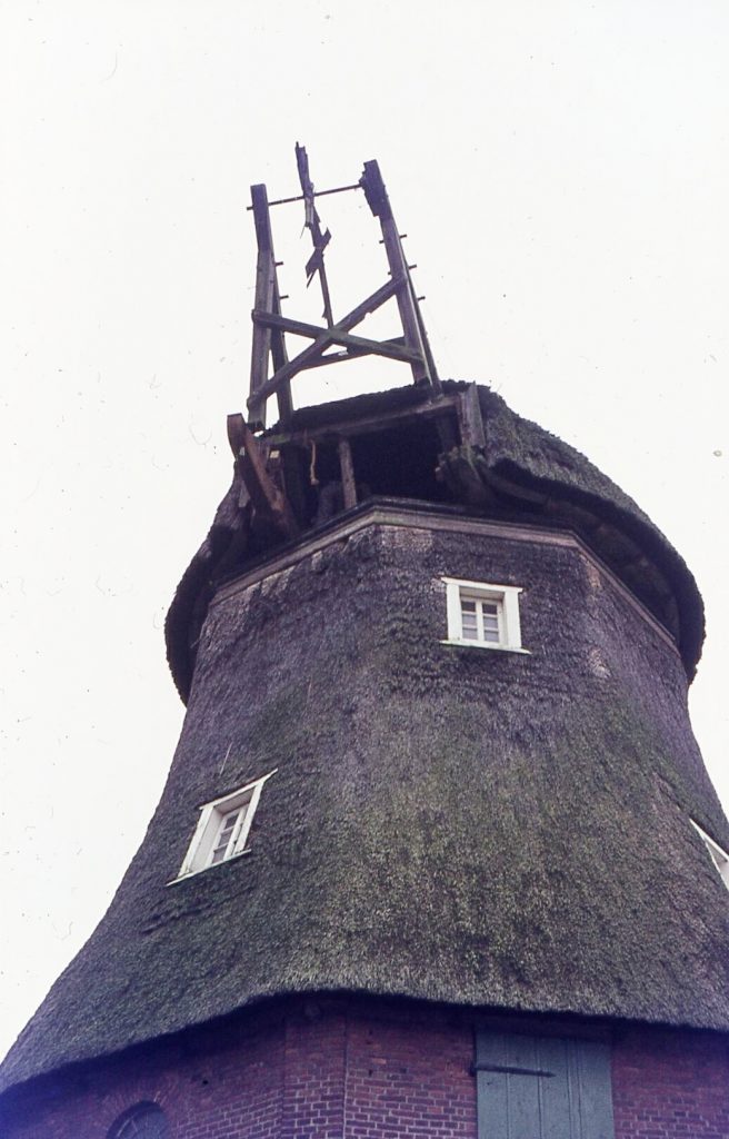 1975 Erneuerung der Kehrbank- Der erste angeschäftete Fugbalken ragt aus der Haube der Mühle