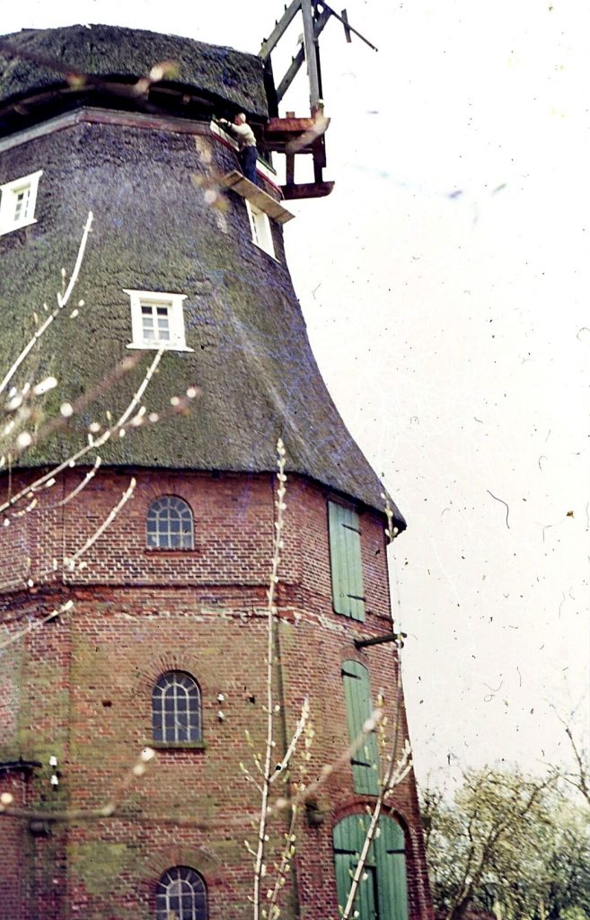 1975 Erneuerung der Kehrbank- Zwei angeschäftete Fugbalken ragen aus der Haube der Mühle, der Mühlenkranz erhält einen Anstrich